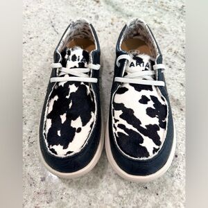 Ariat Black and White Hair-on Hide Cow Print Tooled leather Slip-On Loafers